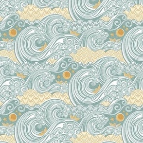 Sea Adventure Block Print Mini Scale- Mint and Gold- Golden Waves- Origami Paper Boat- Japanese- Big Wave Hokusai- Nautical Home Decor- Waves Wallpaper- Teal Green- Yellow Mustard