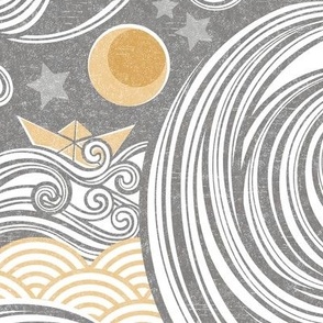 Sea Adventure Block Print Large Scale- Silver and Gold- Golden Waves- Origami Paper Boat- Japanese- Big Wave Hokusai- Nautical Home Decor- Waves Wallpaper- Gray- Grey- Neutral
