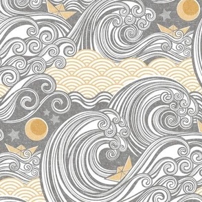 Sea Adventure Block Print Small Scale- Silver and Gold- Golden Waves- Origami Paper Boat- Japanese- Big Wave Hokusai- Nautical Home Decor- Waves Wallpaper- Gray- Grey- Neutral