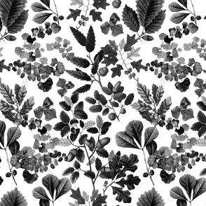 Greyscale Oak Leaf Pattern Smaller Scale