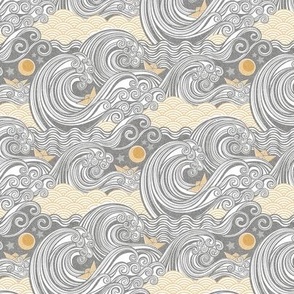 Sea Adventure Block Print Mini Scale- Silver and Gold- Golden Waves- Origami Paper Boat- Japanese- Big Wave Hokusai- Nautical Home Decor- Waves Wallpaper- Gray- Grey- Neutral