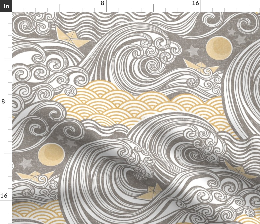 Sea Adventure Block Print Large Scale- Taupe and Mustard- Golden Waves- Origami Paper Boat- Japanese- Big Wave Hokusai- Nautical Home Decor- Waves Wallpaper- Beige- Gold- Yellow