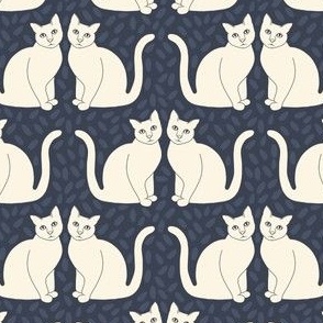 Linen white hand drawn symetrical cats on painted navy blue 