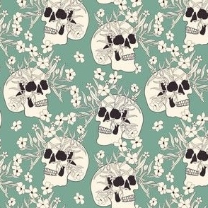 halloween white skulls on turquoise green with flowers