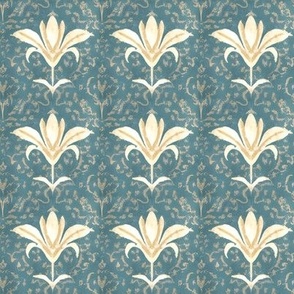 Small Oil-Painted Lilies on Weathered Damask