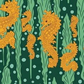 Large Art Nouveau Herds of Seahorses surrounded by Seaweed with Forest Green Background