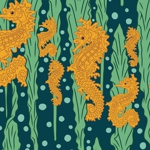 Large Art Nouveau Herds of Seahorses surrounded by Seaweed with Incubi Darkness Teal Cyan Background