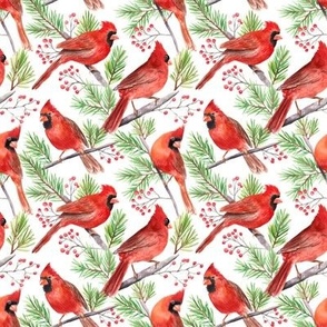 Watercolor cardinals, wintertime Christmas fabric small scale