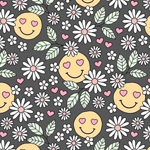 Groovy Valentine - Retro smileys and daisies hearts and flowers nineties inspired pastel garden for valentine yellow pink mint on charcoal gray 