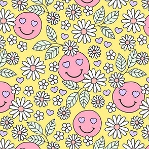Groovy Valentine - Retro smileys and daisies hearts and flowers nineties inspired pastel garden for valentine lilac pink mint on yellow