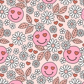 Groovy Valentine - Retro smileys and daisies hearts and flowers nineties inspired pastel garden for valentine vintage seventies red blush peach pink