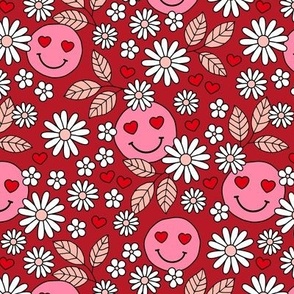 Groovy Valentine - Retro smileys and daisies hearts and flowers nineties inspired pastel garden for valentine vintage seventies red pink beige