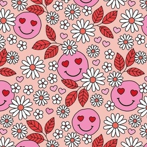 Groovy Valentine - Retro smileys and daisies hearts and flowers nineties inspired pastel garden for valentine colorful bright red pink on blush
