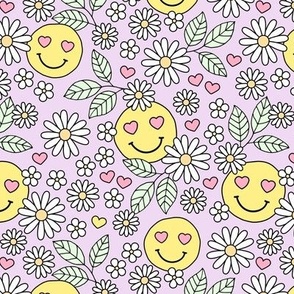 Groovy Valentine - Retro smileys and daisies hearts and flowers nineties inspired pastel garden for valentine colorful pastel lilac mint pink yellow 