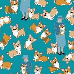 Queen and her Corgis blue
