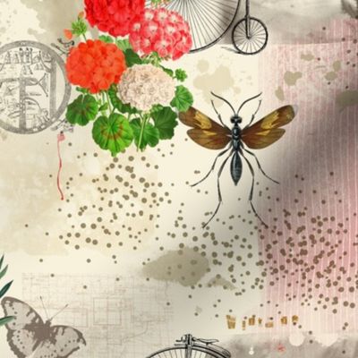 Vintage Floral Collage with Victorian Bicycle and Butterflies