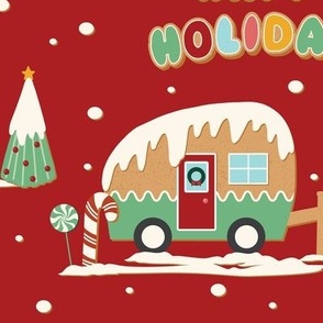 Large Christmas Gingerbread Campers with Christmas Greetings and Upsdell Red Background