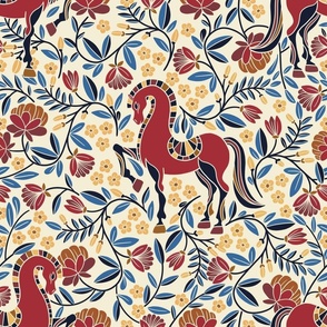 Folk Horses in Burgundy, with yellow and blue flowers 