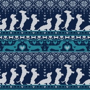 Tiny scale // Fair Isle Knitting Doxie Love // navy blue background white and teal dachshunds dogs bones paws and hearts