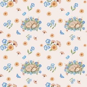 Sleeping deer and morning-glory flowers on light beige - Baby Nursery Fabric