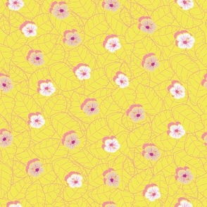 Tropical Jungle Hibiscus Flowers in White and Pink on a Yellow Leafy Wall Fabric 