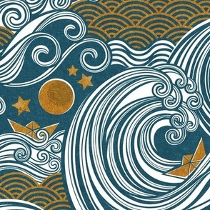 Sea Adventure Block Print Medium Scale- Navy Blue and Mustard Scallops- Blue and Golden Waves- Golden Yellow- Origami Paper Boat- Japanese- Big Wave Hokusai- Nautical Home Decor- Waves Wallpaper