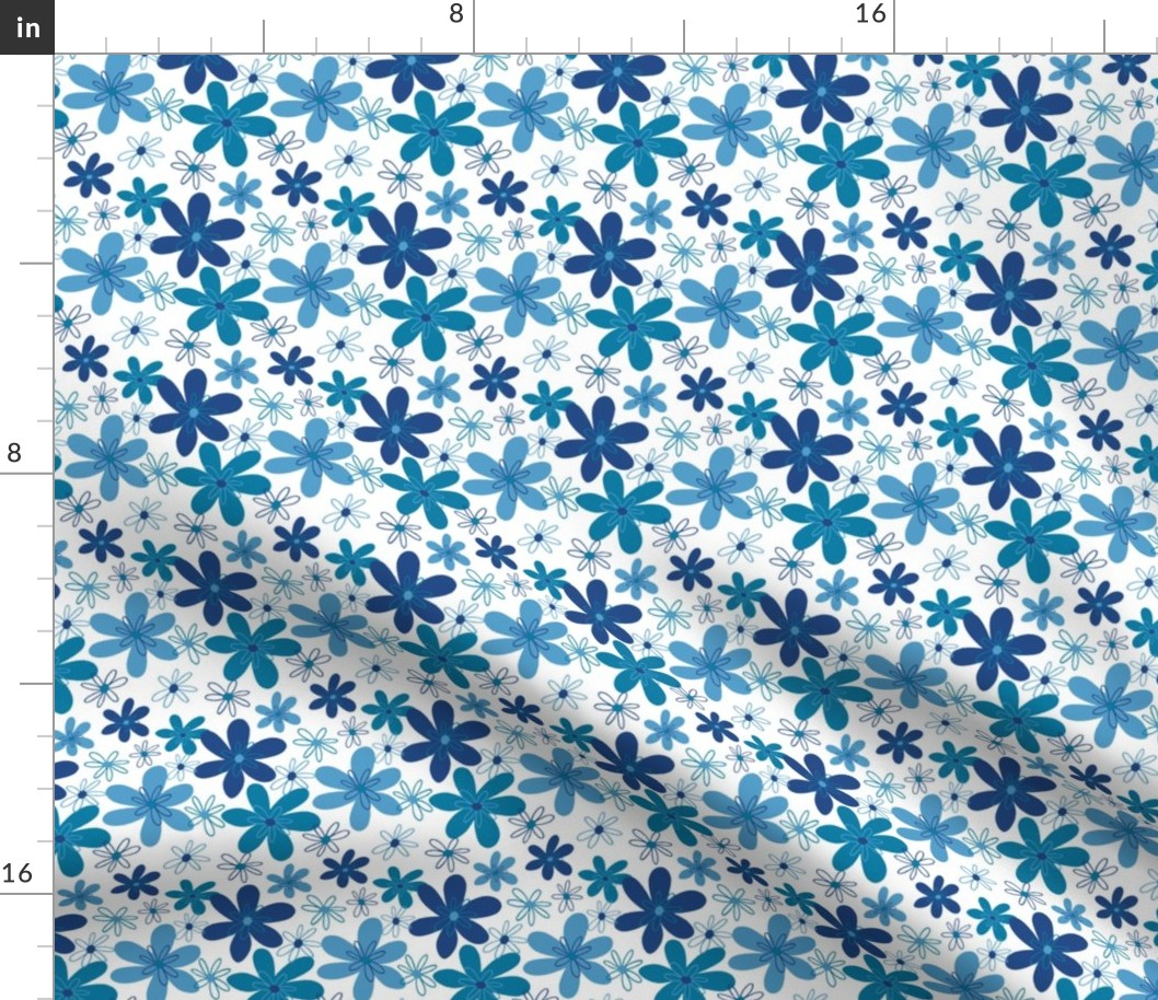Blue Scattered Flowers on White Background