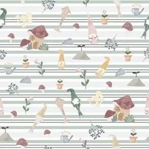 Watercolor Garden Gnomes on Sage Green Stripe