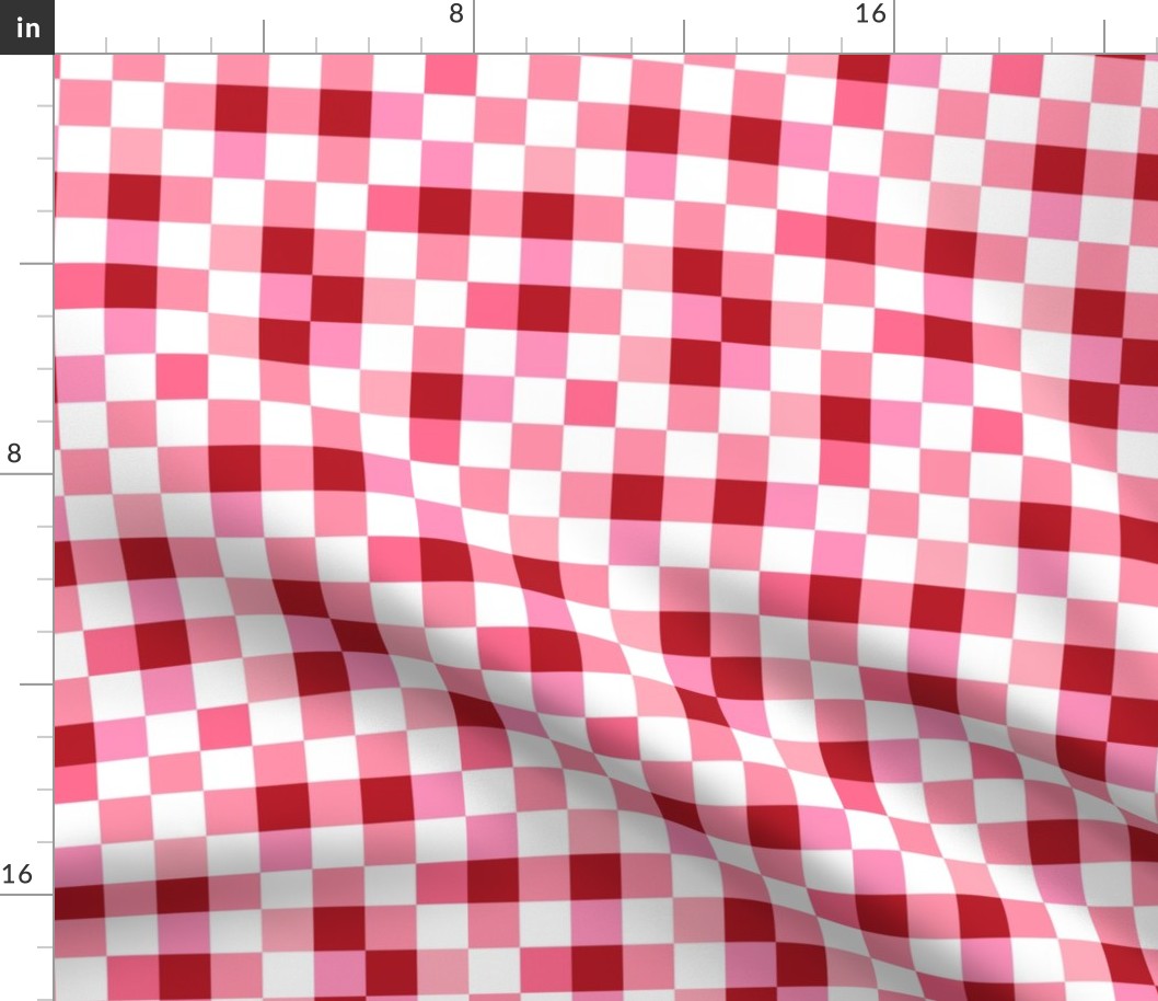 Abstract irregular checkerboard valentine plaid gingham design red pink on white