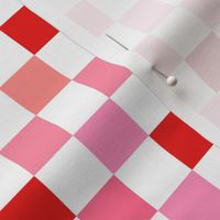 Abstract checkerboard valentine plaid gingham design red burgundy peach on white lilac 