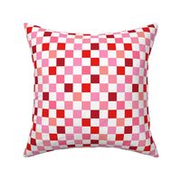 Abstract checkerboard valentine plaid gingham design red burgundy peach on white lilac 