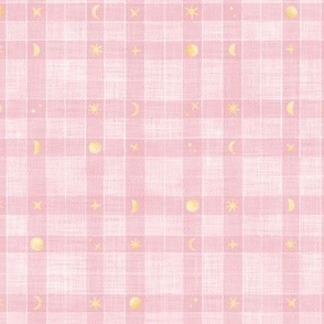 Hand Drawn Checks on Tartan in Pink and Gold | Rustic fabric in soft pink and white, gold stars on linen texture checked fabric, moons and stars, windowpane fabric, plaid, gingham, stripes, squares fabric.