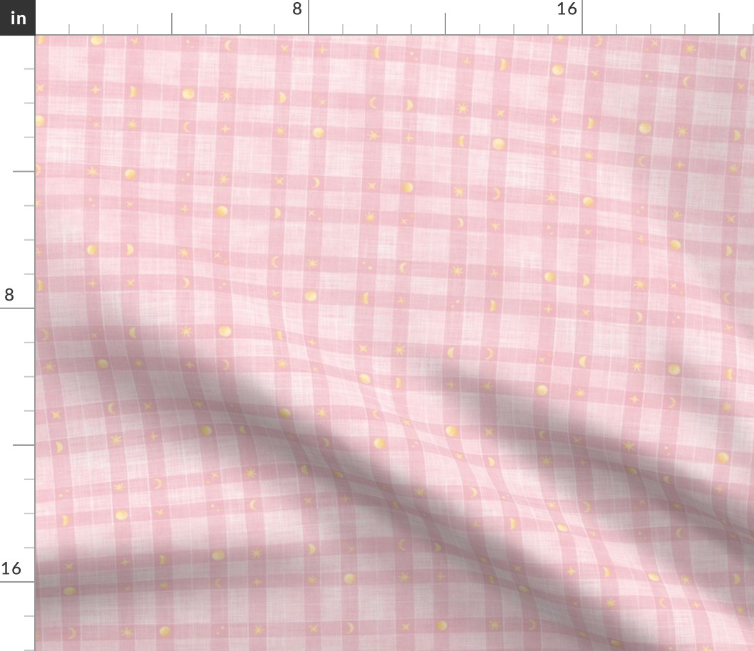 Hand Drawn Checks on Tartan in Pink and Gold | Rustic fabric in soft pink and white, gold stars on linen texture checked fabric, moons and stars, windowpane fabric, plaid, gingham, stripes, squares fabric.
