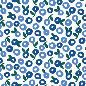 Tossed Whimsical Donut Flowers in Blue and Green  on White Ground Non Directional
