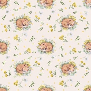 Sleeping  fox and yellow flowers on light beige - Baby Nursery Fabric