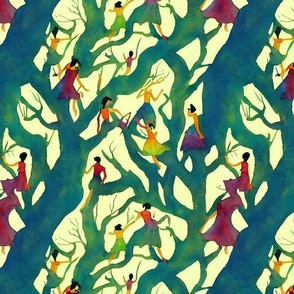 People in trees, watercolor
