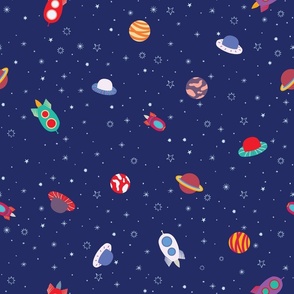 Outer space. Stars, rockets, alien saucers and planets