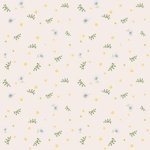 Ditsy chamomiles and yellow flowers on light beige - Baby Nursery Fabric