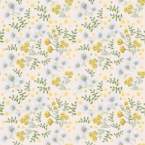 Ditsy chamomiles and yellow flowers on light beige - Baby Nursery Fabric