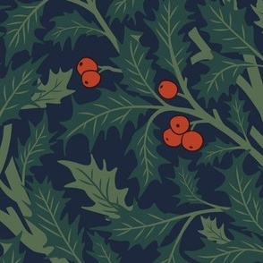 Large Christmas Intertwined Holly Vines and Berries with Midnight Blue Background