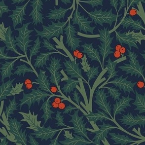 Medium Christmas Intertwined Holly Vines and Berries with Midnight Blue Background
