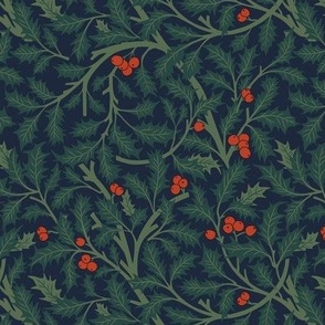 Small Christmas Intertwined Holly Vines and Berries with Midnight Blue Background