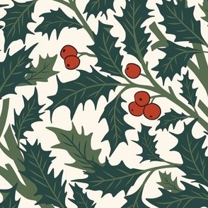 Large Christmas Intertwined Holly Vines with Berries and Seashell White Background