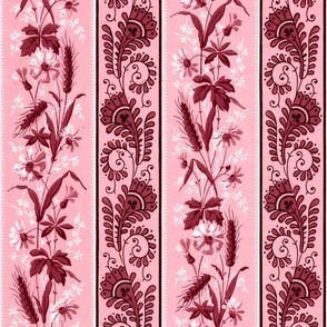Vintage Victorian and Art Nouveau Floral Stripes - Small Scale - in Burgundy