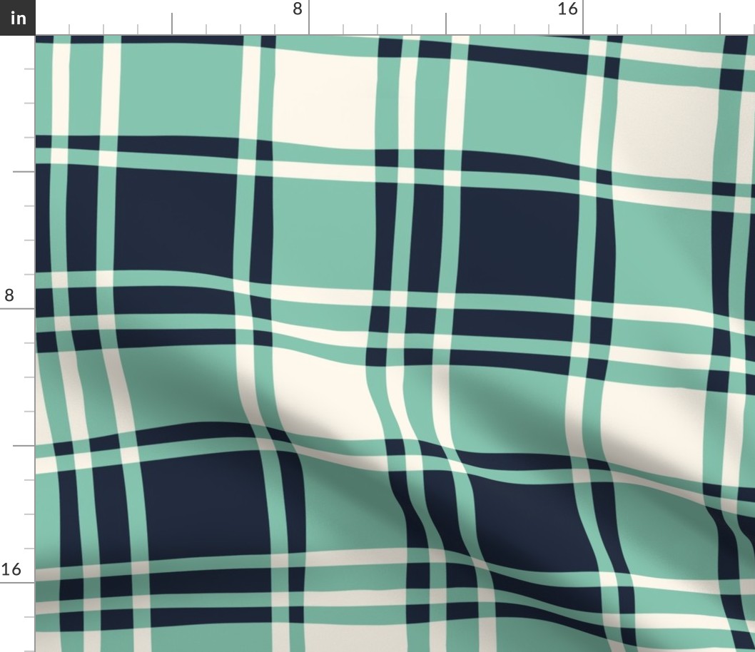 Large Handdrawn Blue Aqua and Seashell White Tartan with Wonky Lines 