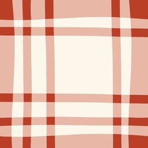 Large Handdrawn Blush Pink, Rust Orange and Seashell White Tartan with Wonky Lines 