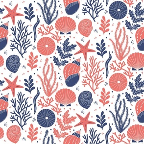 Navy Blue And Coral Ocean Shells And Plants