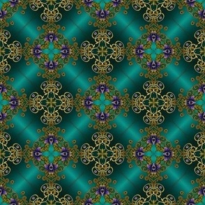 Purple Orchids and Bronze Arabesque on Shimmering Teal