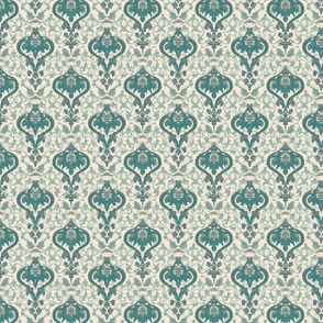Impressionist Victorian Damask in Teal on Ivory