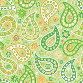 Modern Paisley // Flowers and Circle Dots // Green, Orange, Peach, White